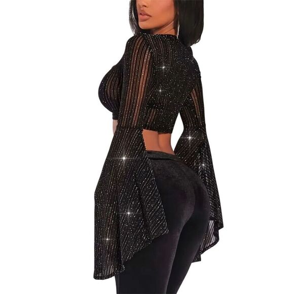Sexy Y2k Crop Black Sheer Mesh Glitter Bell Sleeve Top Blouse L Gothic Vampy - Picture 5 of 9